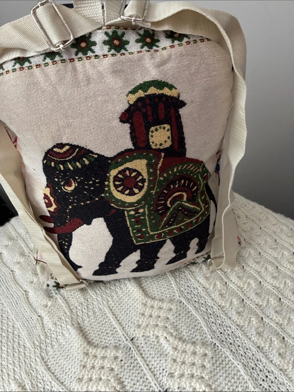 Bohemian Tapestry Mini Backpack - Cream & Green